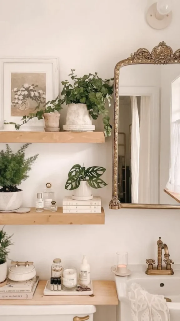 luxury bathroom on a budget bookshelf reading stack candle styled