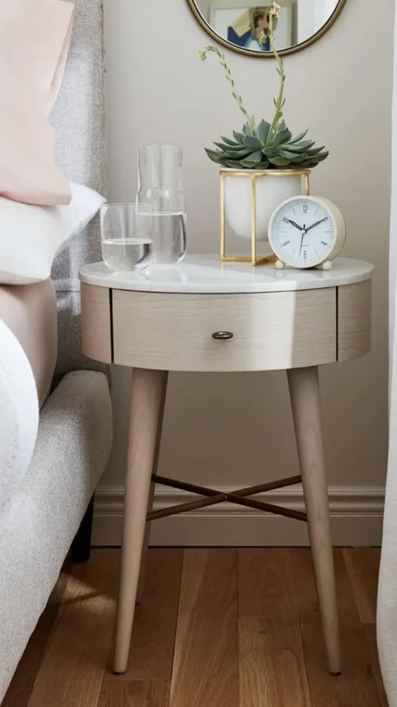 curved bedside table marble round warm polished