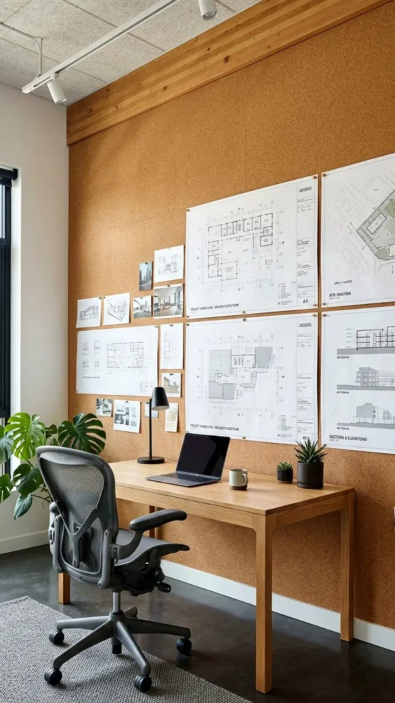 home office ideas cork board vision wall warm wood frame styled