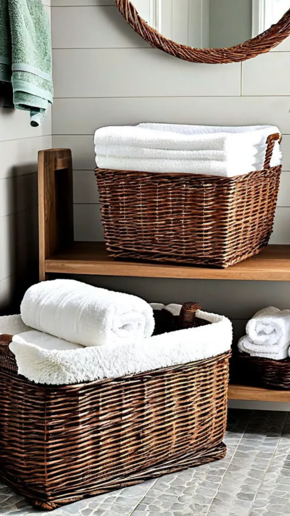 luxury bathroom on a budget woven baskets visible storage rattan