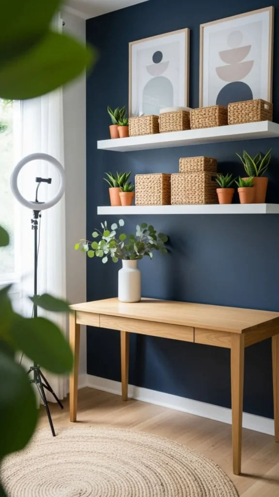 home office ideas video call backdrop styled desk positioned