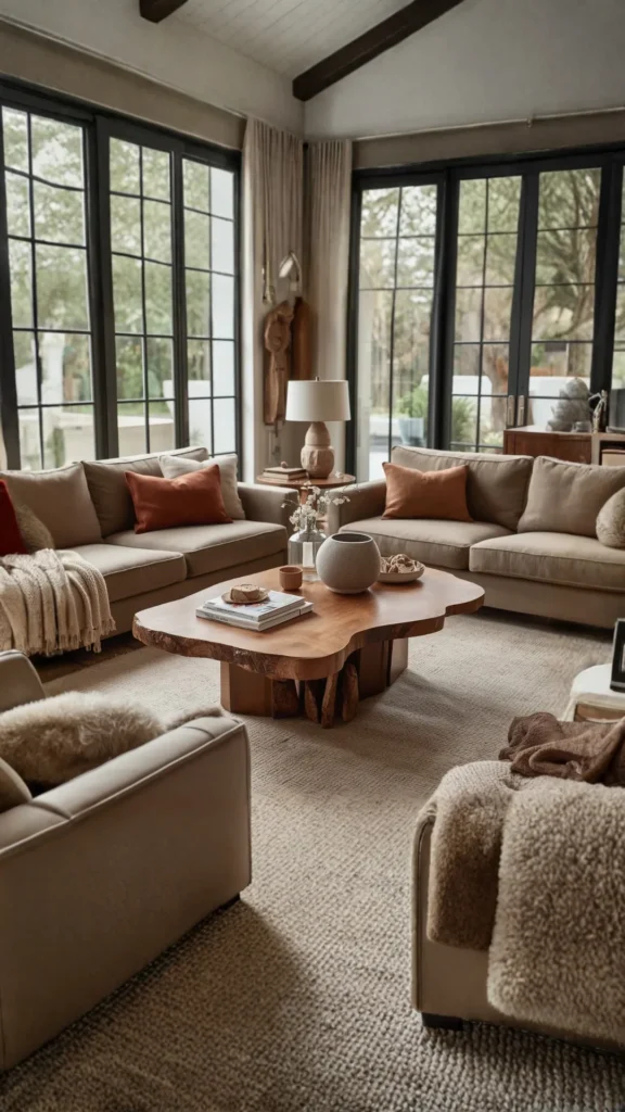 organic coffee table living room visual anchor warm arrangement sculptural natural material