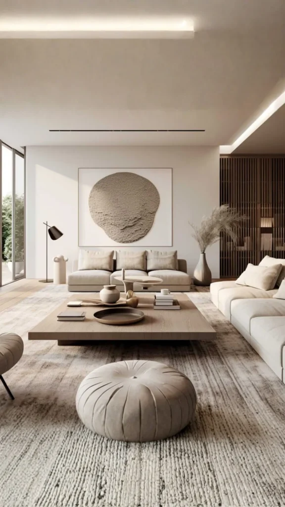 organic coffee table stone travertine warm living room cream boucle sofa natural luxury
