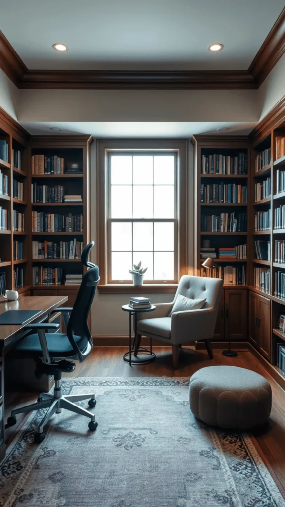 home office ideas reading chair separate desk built around