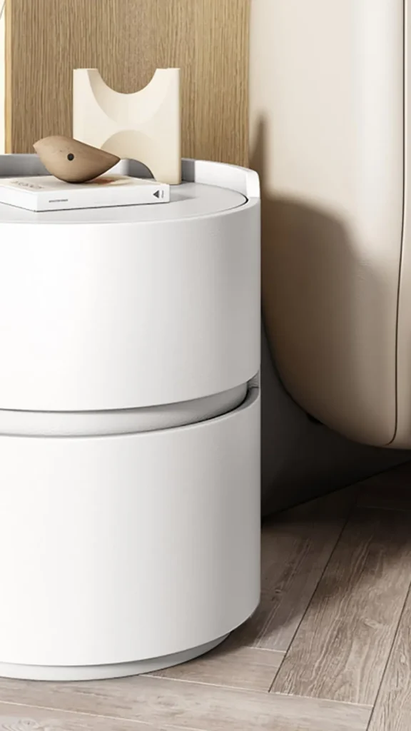 curved bedside table different heights pair flanking bed