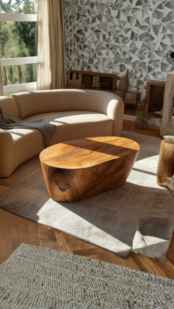 organic coffee table kidney shaped warm curved sofa pair organic modern living room 2026