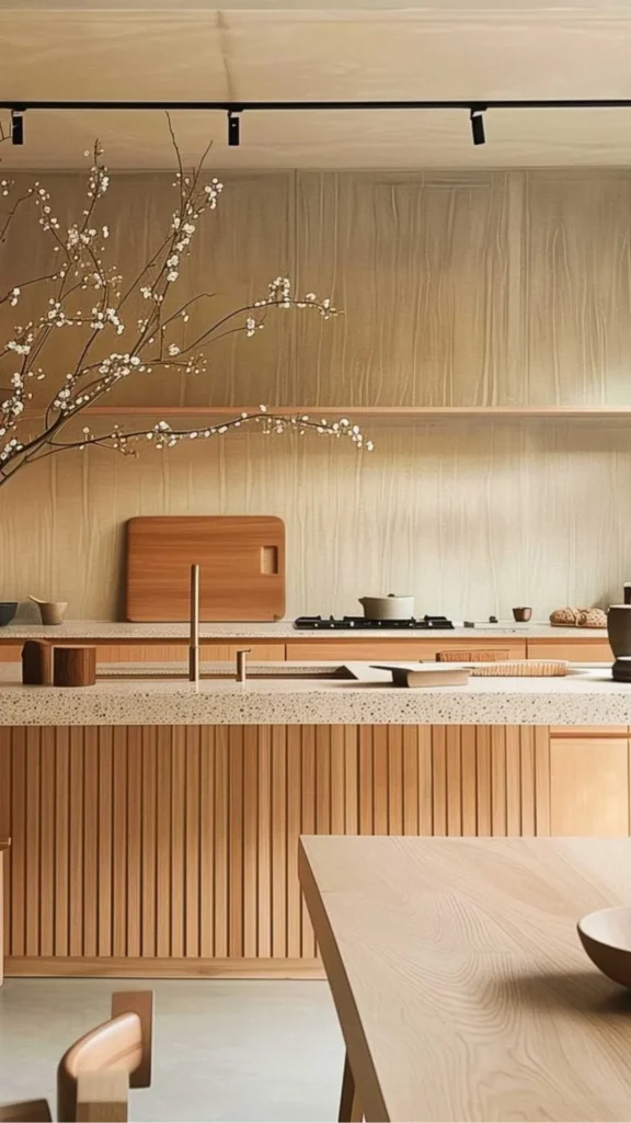 japandi interior design ideas warm natural wood material backbone flooring furniture shelving oak 2026