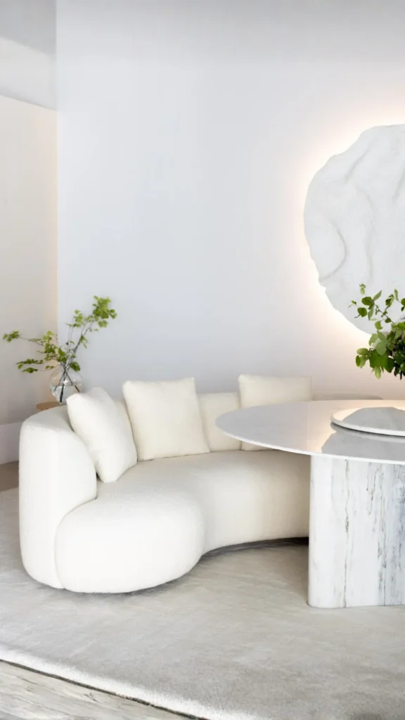 organic modern decor ideas curved bouclé sofa anchoring living room warmth organic form 2026
