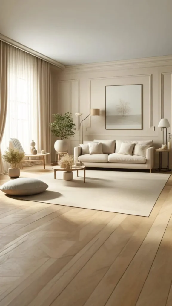 warm earthy paint colors living room warm oat white natural wood floor cream boucle sofa 2026