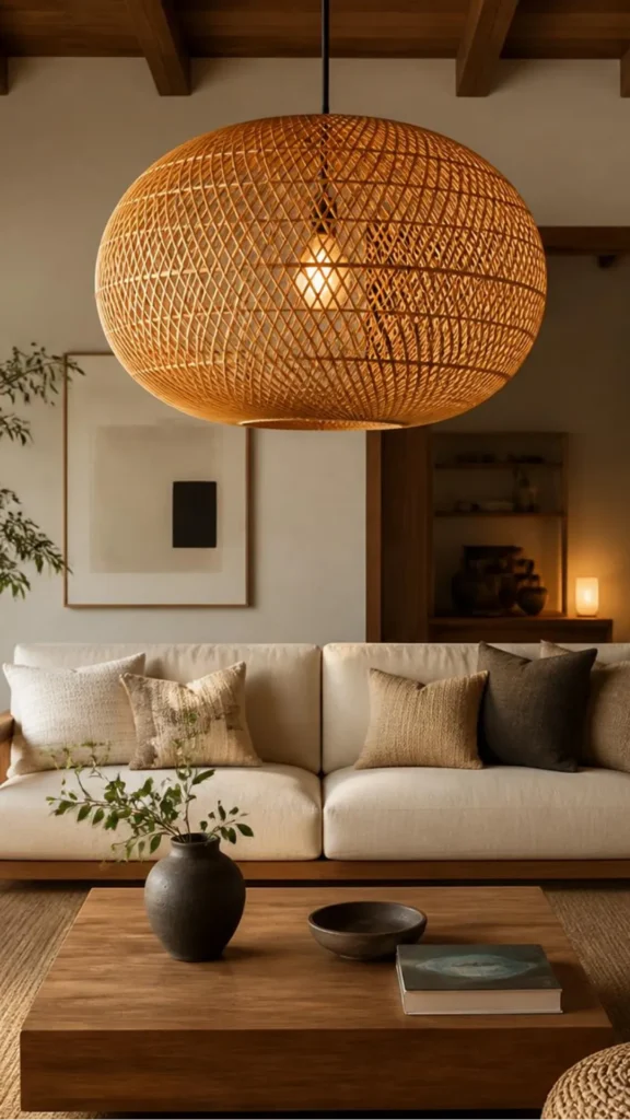 japandi pendant light large round rattan living room seating amber light through weave 2026