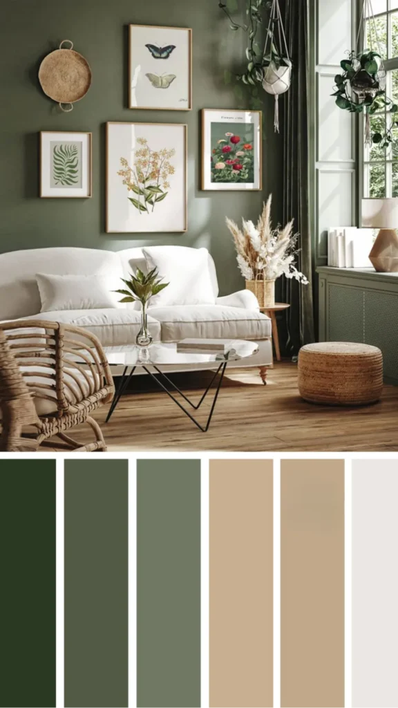 warm earthy paint colors living room deep warm olive cream linen sofa brass accents wood floors 2026
