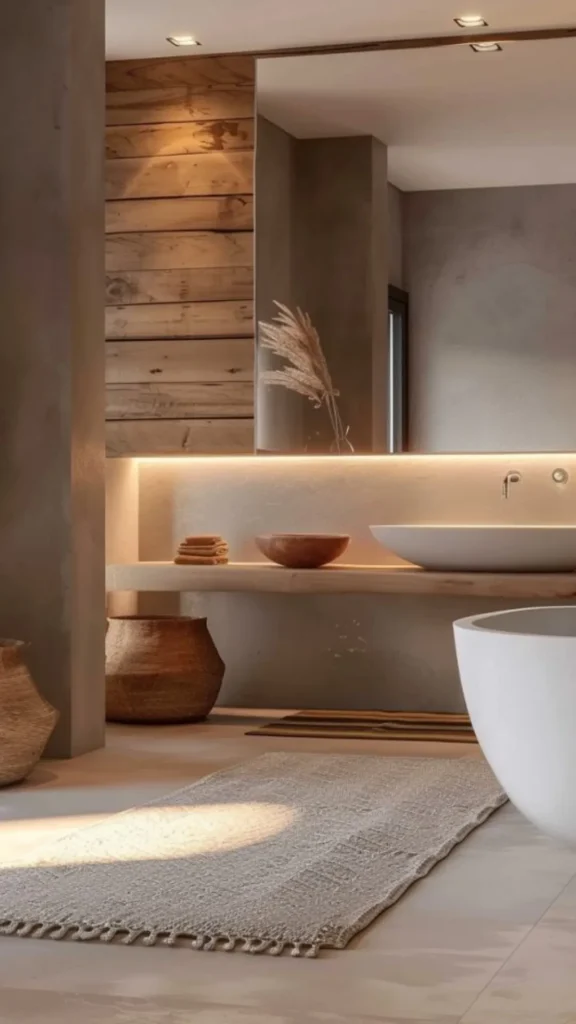 organic modern bathroom ideas color palette warm stone wood earthy neutrals beautiful 2026