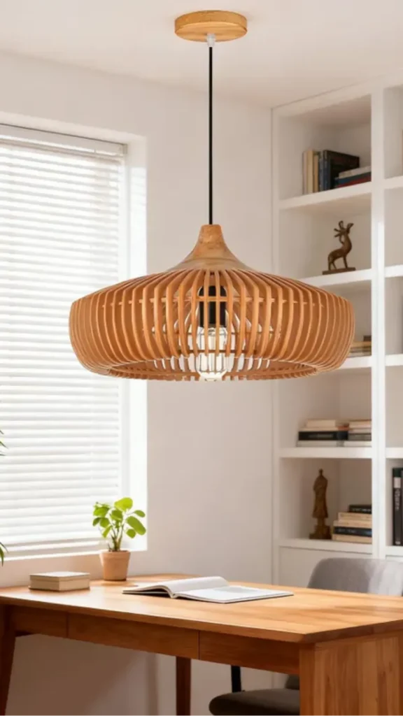 japandi pendant light bamboo slatted dining zone warm shadow patterns below beautiful 2026