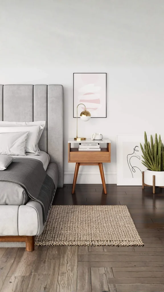 warm wood furniture japandi bedroom simple solid walnut bedside table one drawer platform bed 2026