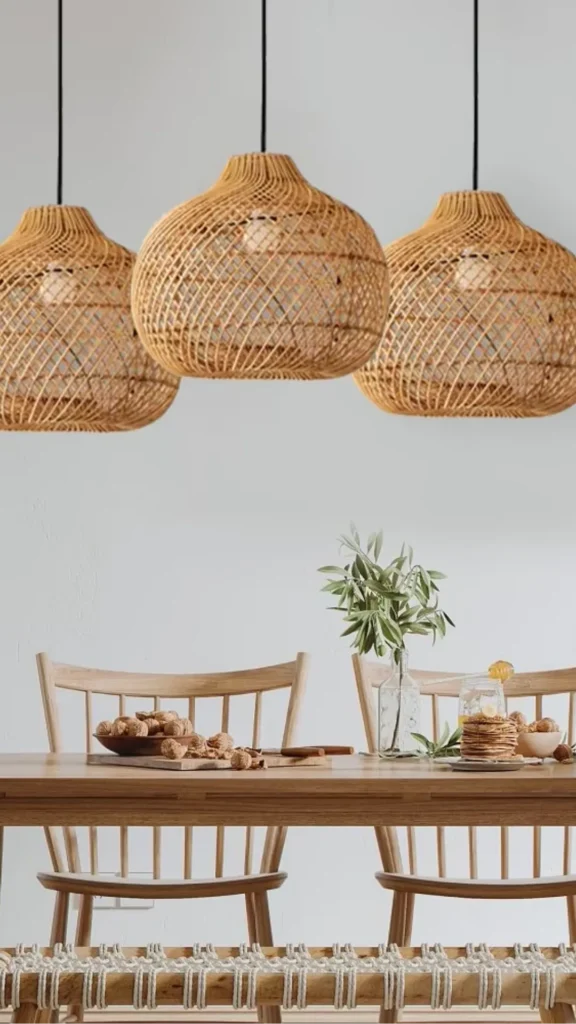 organic modern home decor ideas woven rattan bamboo accessories baskets trays pendant light 2026
