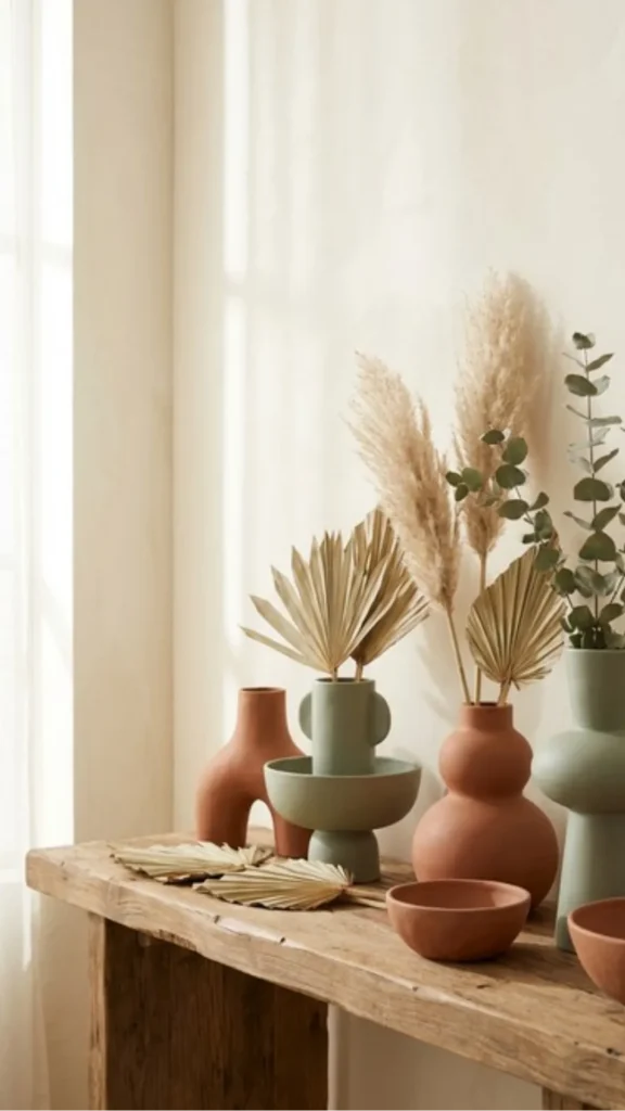 organic modern decor ideas dried botanicals tall ceramic vessels organic modern warm 2026