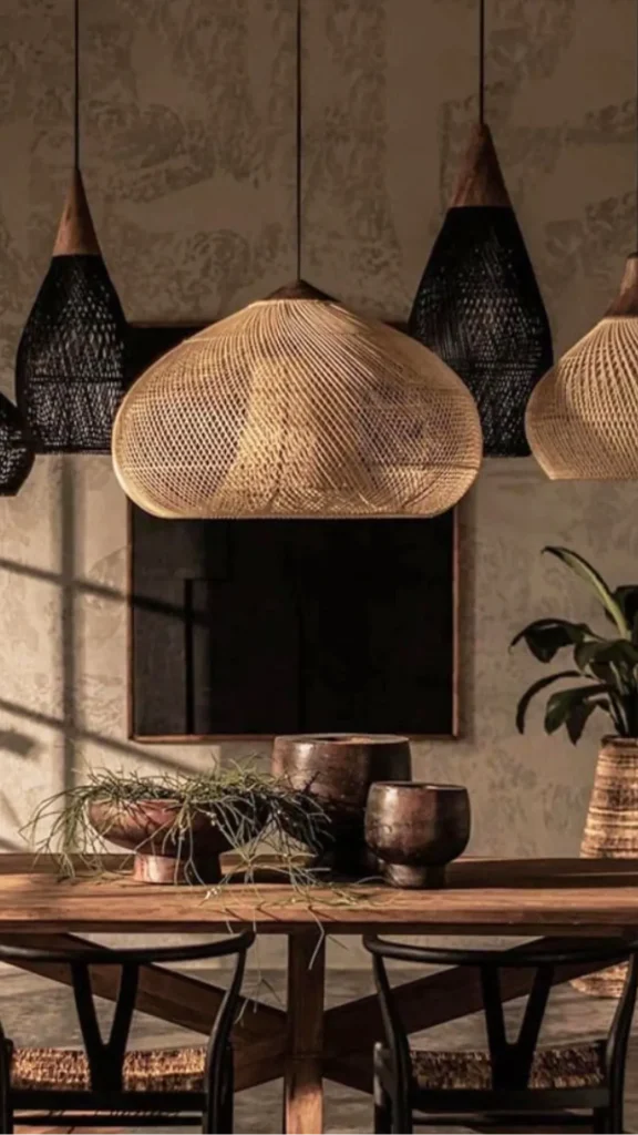 japandi pendant light double rattan row above wide dining table balanced warm overhead 2026