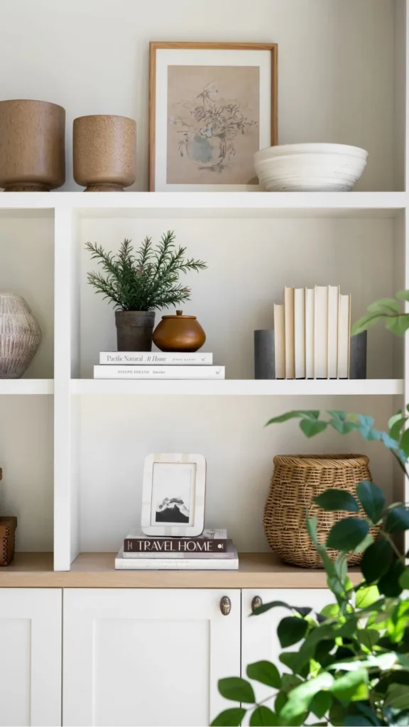 organic modern decor ideas open shelving living design feature ceramics plants books 2026