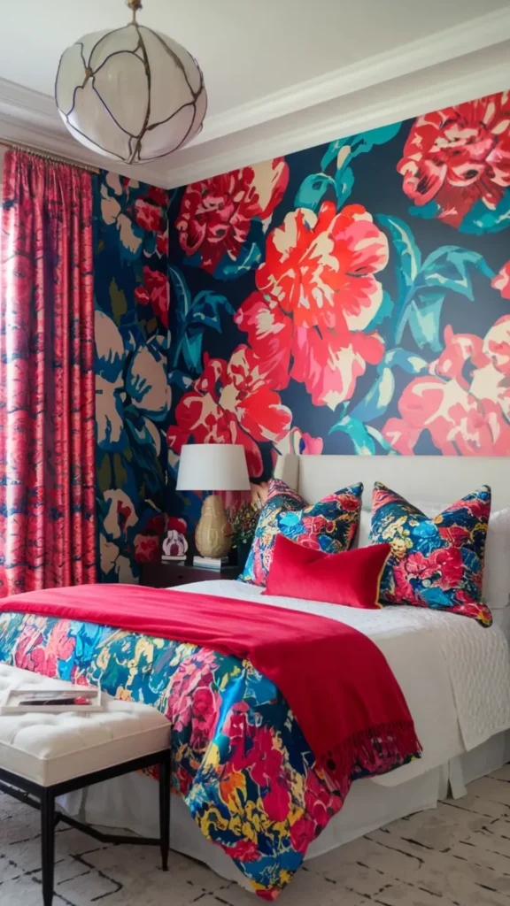 maximalist bedroom ideas bold botanical geometric wallpaper all four walls 2026