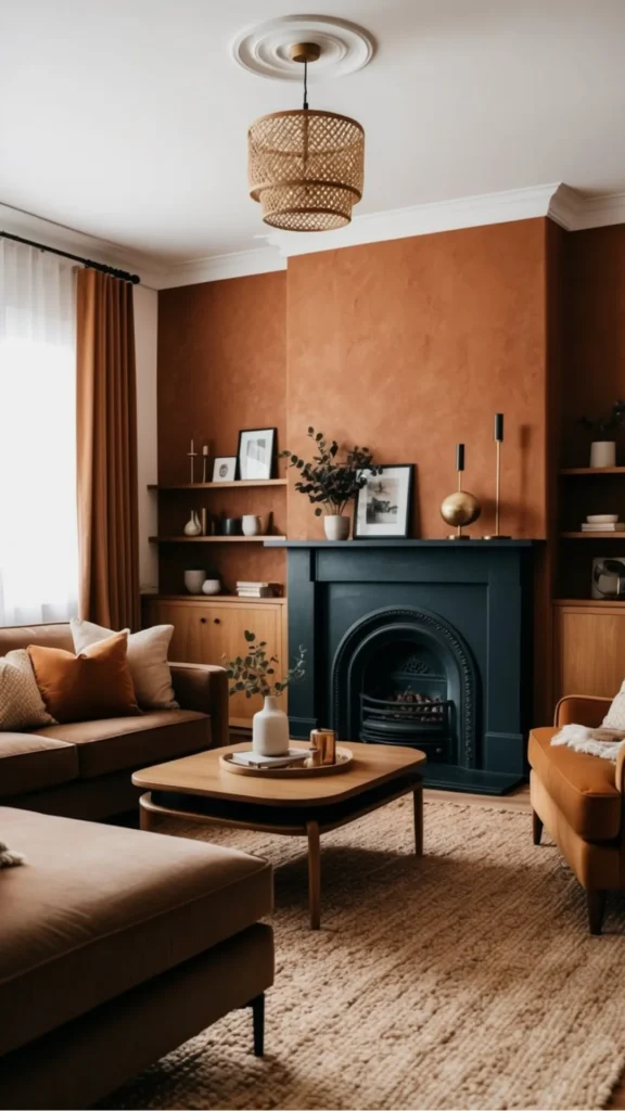 warm earthy paint colors living room deep terracotta dramatically warm enveloping atmosphere 2026