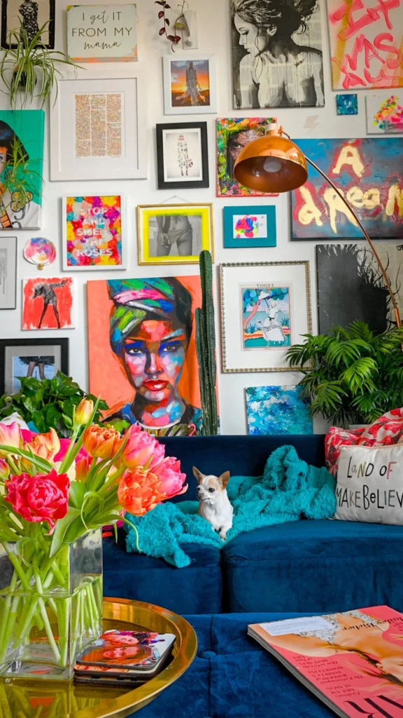 maximalist bedroom ideas gallery wall above bed abundant frames prints objects layered 2026