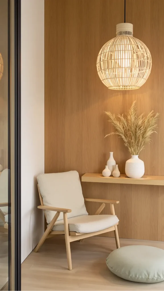 japandi pendant light sculptural dried grass bedroom corner reading chair atmosphere 2026