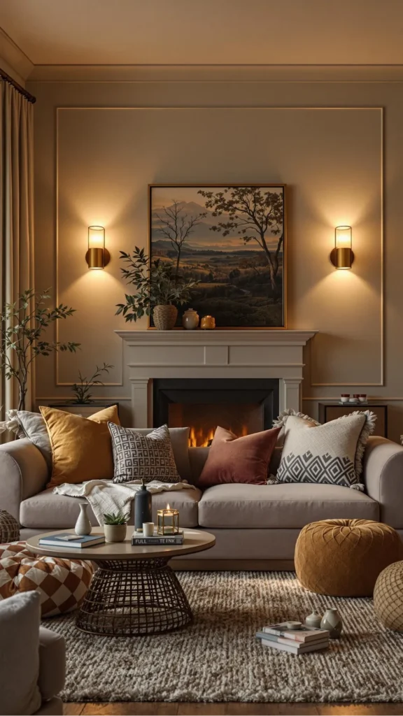 warm earthy paint colors living room warm biscuit layered natural materials warm evening lighting 2026