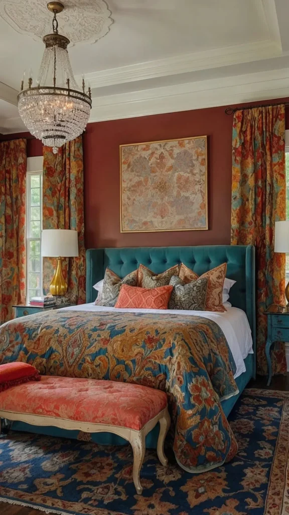 maximalist bedroom ideas layered mixed patterns textiles geometric floral stripe 2026
