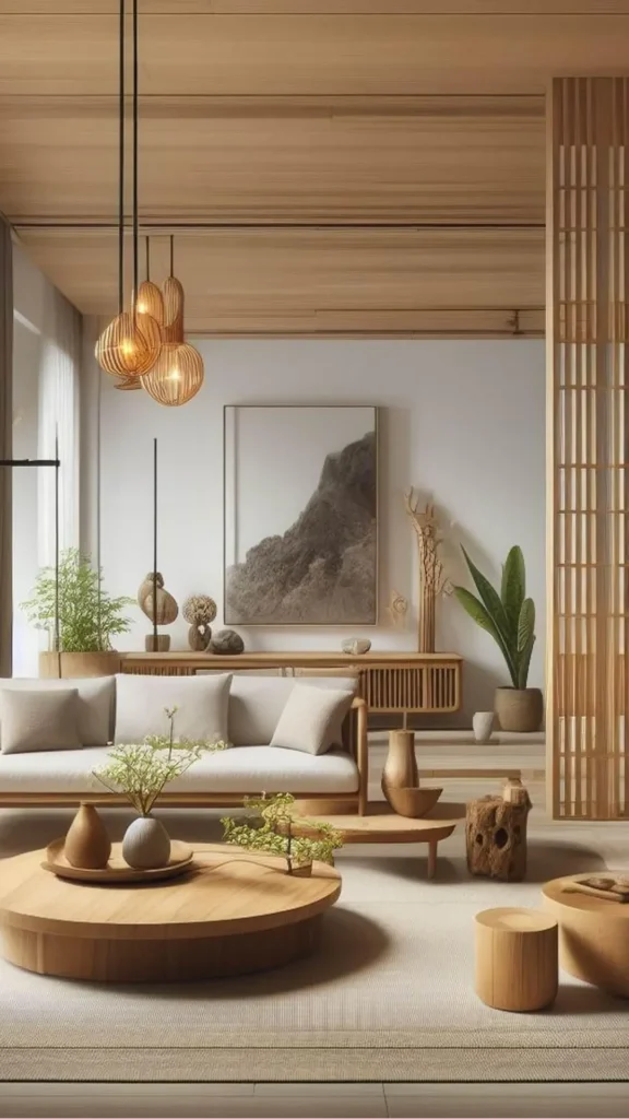 japandi pendant light warm timber slat horizontal wooden strips ambient light living room 2026