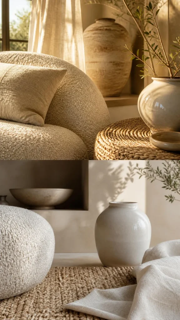 natural textures organic modern living room close-up bouclé jute ceramic linen side by side 2026