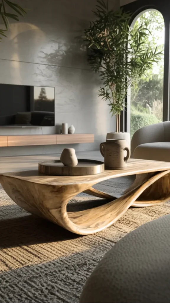 organic modern coffee table styling seen from sofa position most intimate viewing height 2026