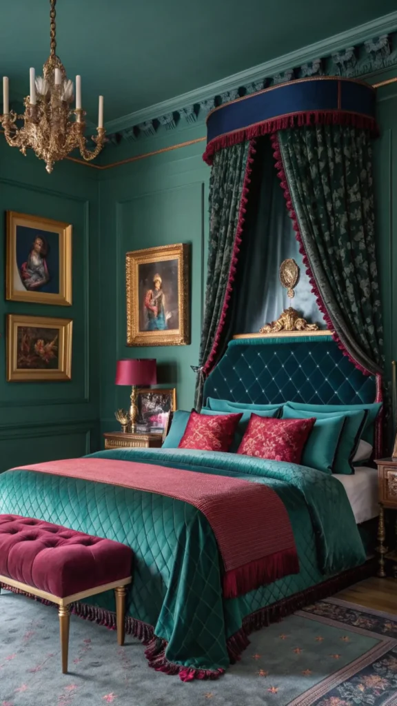 maximalist bedroom ideas rich jewel-toned palette emerald sapphire warm terracotta 2026