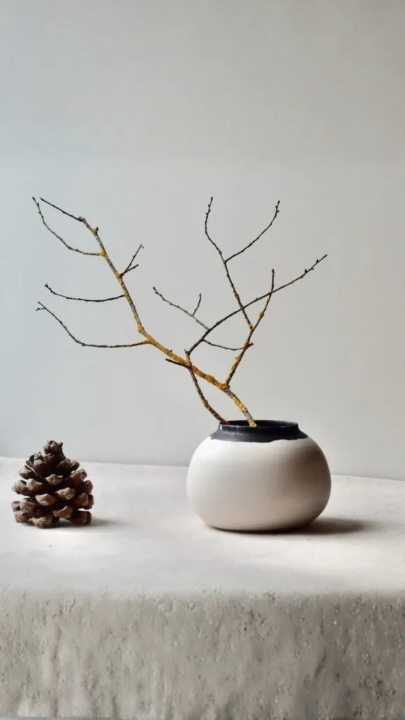 japandi home decor ideas natural branch dried botanical arrangement simple ceramic vessel 2026