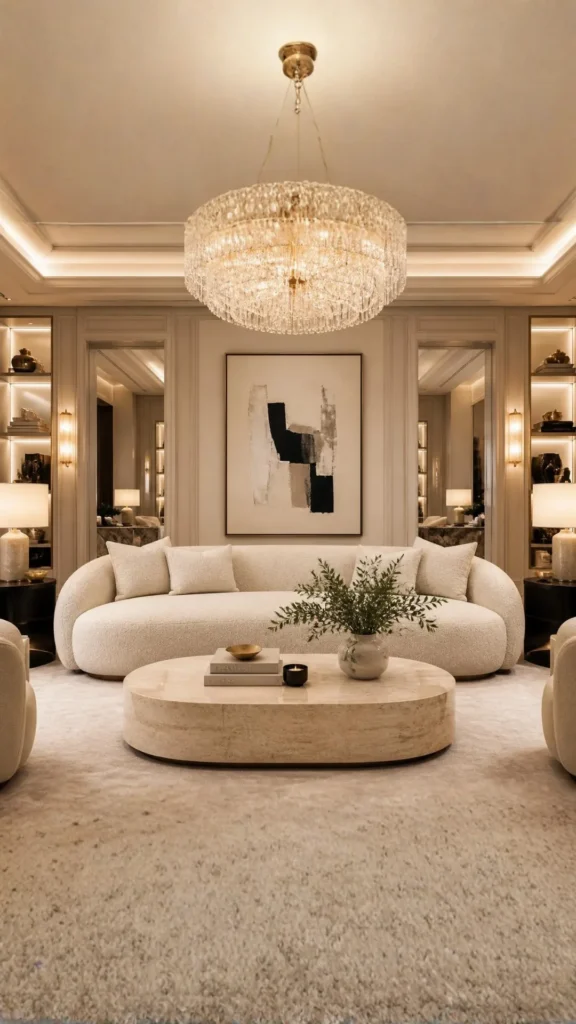 natural textures organic modern living room cream bouclé sofa smooth travertine coffee table contrast 2026