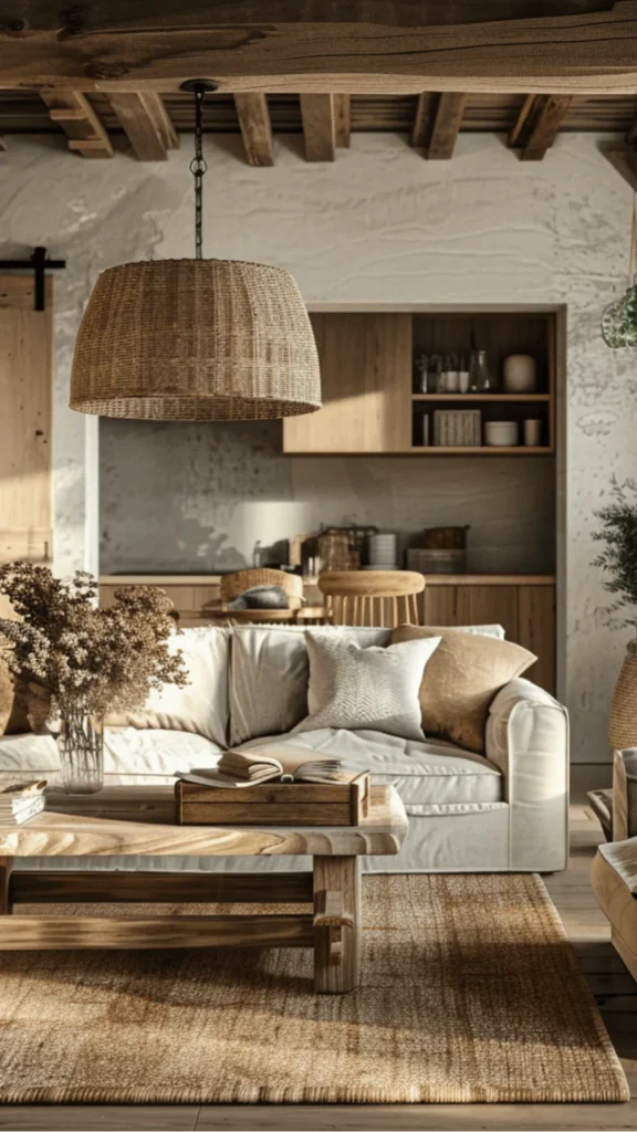 warm earthy paint colors living room sandy linen warm wood shelving natural jute rug 2026