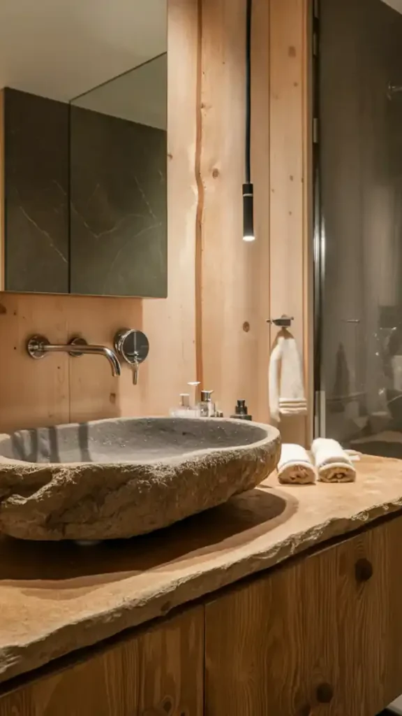 organic modern bathroom ideas warm oak floating vanity stone countertop beautiful 2026