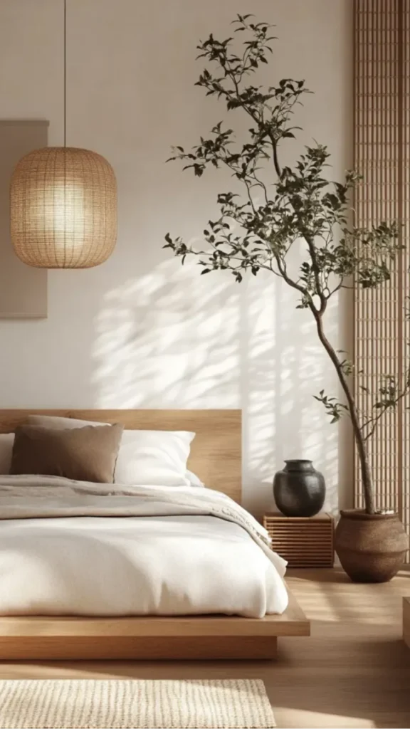 japandi pendant light slim ceramic cylinder low above platform bed bedroom warm 2026