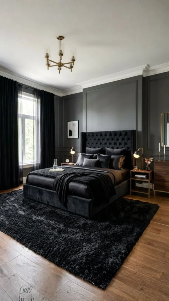 dark bedroom ideas layered velvet natural textures rich tactile beautiful warm 2026
