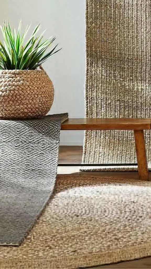 natural textures organic modern living room natural jute rug chunky wool throw sofa arm visible 2026