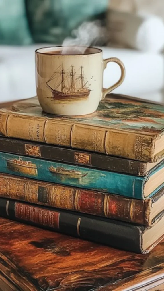 organic modern coffee table styling two art books warm spines small ceramic balanced on top 2026