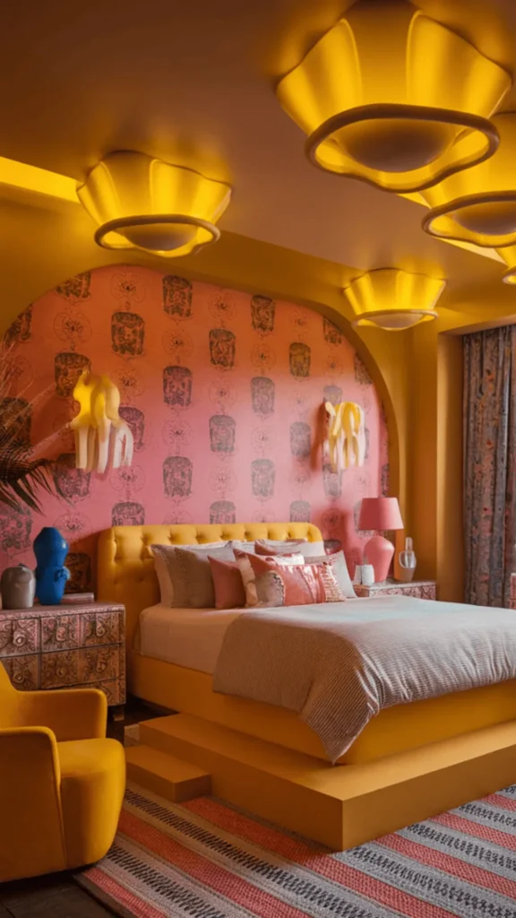 maximalist bedroom ideas warm atmospheric lighting multiple sources layered beautiful 2026
