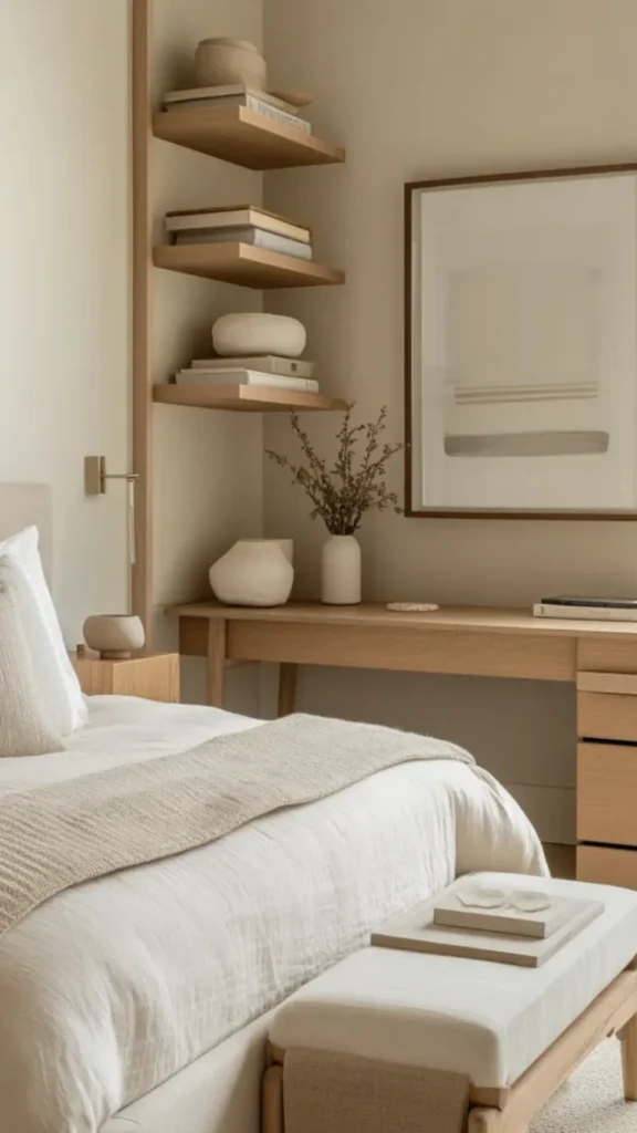 warm wood furniture japandi bedroom low-profile dresser natural warm ash straight handles calm 2026