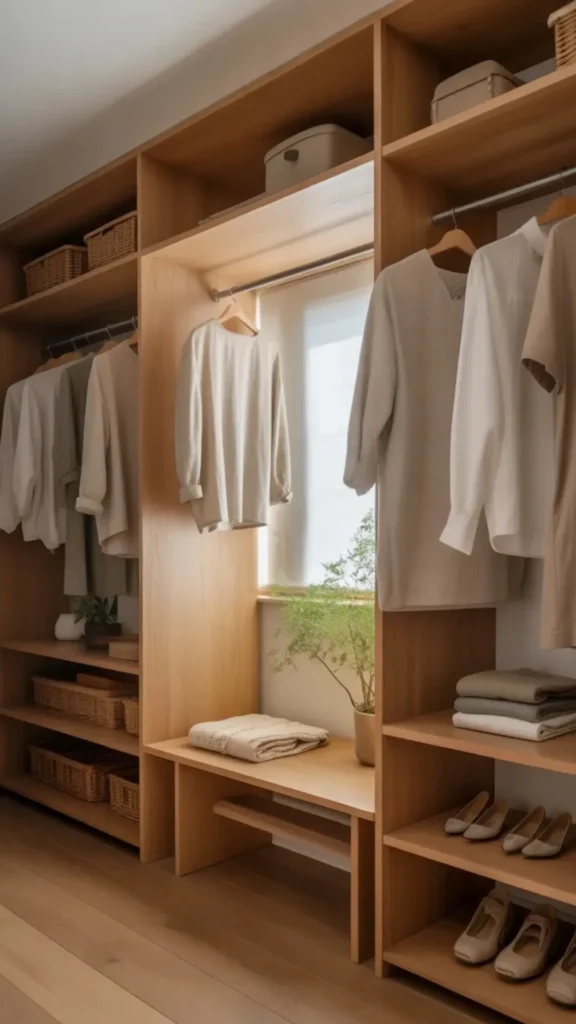 warm wood furniture japandi bedroom wide open wardrobe frame warm oak hanging clothes folded 2026
