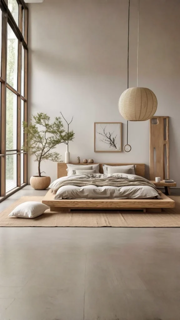 warm wood furniture japandi bedroom solid oak bench foot of bed folded linen throw 2026