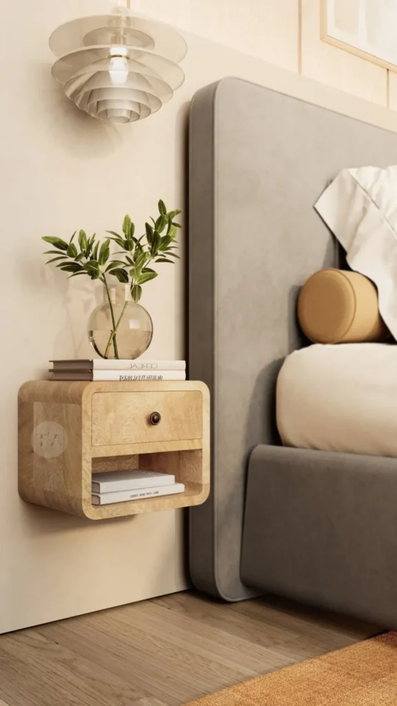 warm wood furniture japandi bedroom slim floating wood shelves above bedside table books ceramic 2026