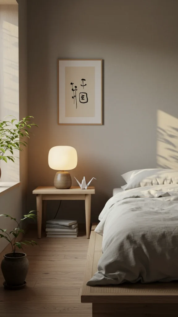warm wood furniture japandi bedroom warm teak stool alternative bedside surface lamp ceramic platform bed 2026