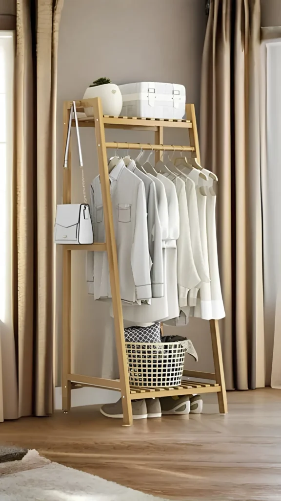 warm wood furniture japandi bedroom simple bamboo clothes rail edited warm clothing corner calm 2026