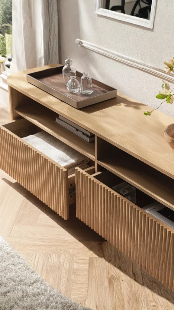 warm wood furniture japandi bedroom low wide oak storage unit visual weight grounded floor 2026