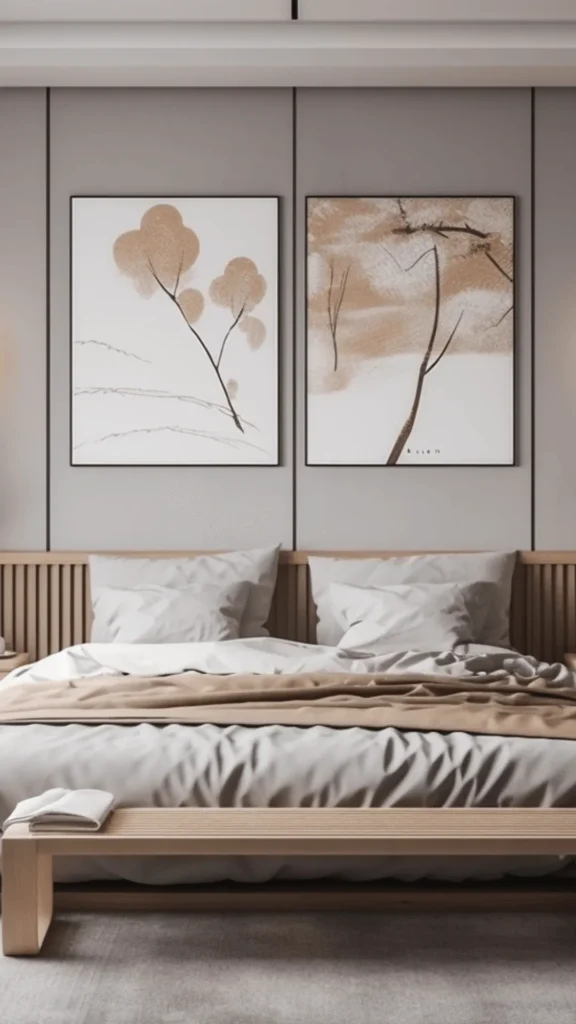 warm wood furniture japandi bedroom solid warm oak picture ledge leaning print small ceramic 2026