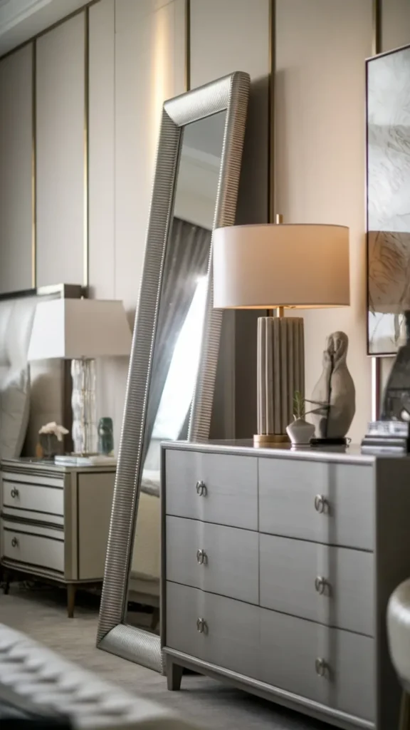warm wood furniture japandi bedroom warm natural oak framed mirror leaning against wall dresser 2026